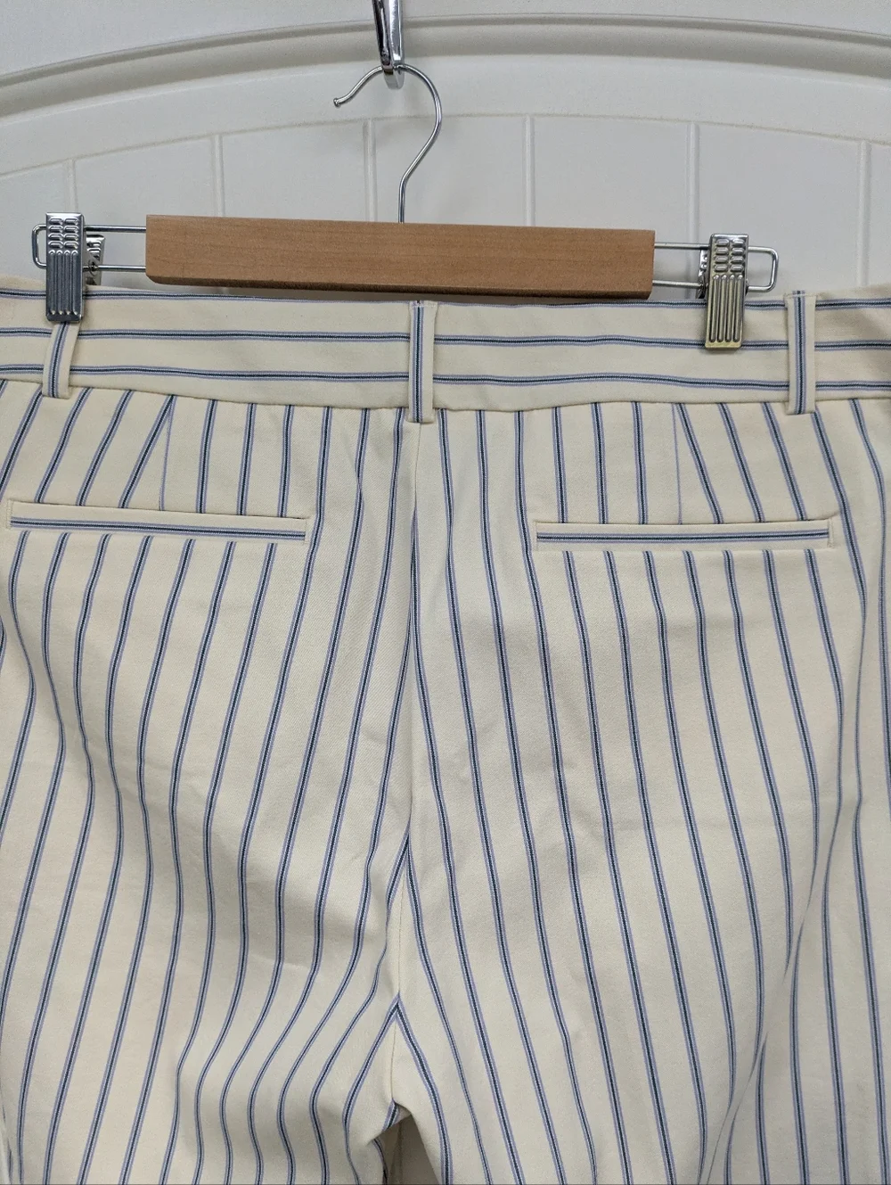 Anthropologie Essential Slim Cream Trousers with Blue & Lavender Pinstripes - Picture 8 of 10